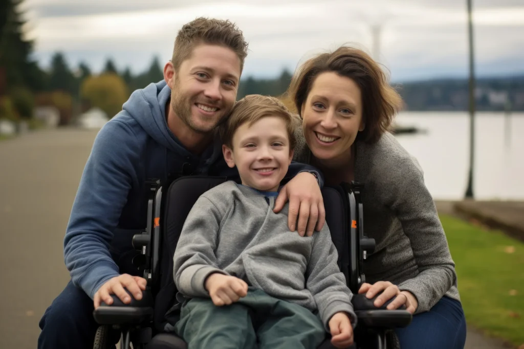 Smiling family with son sitting in wheelchair.